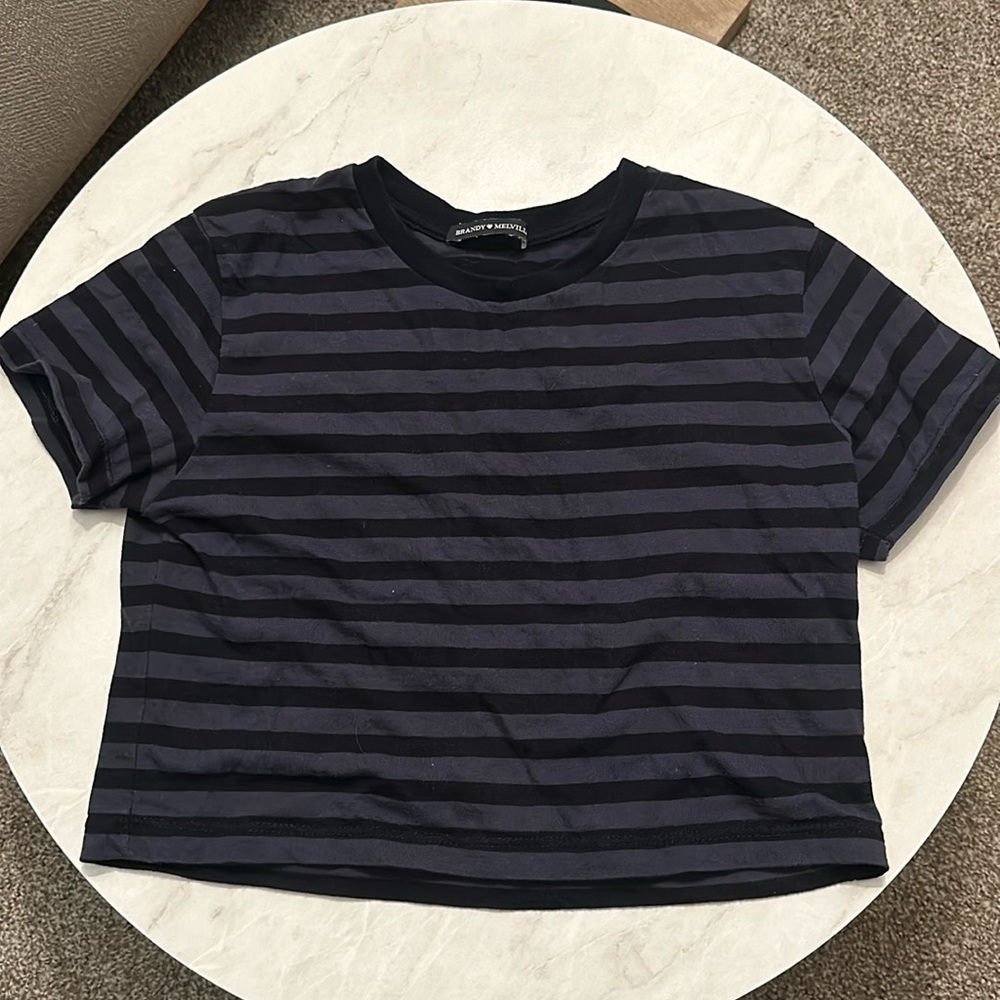 Brandy Melville Navy Blue and Black Striped Cropped t-shirt, Size Small.